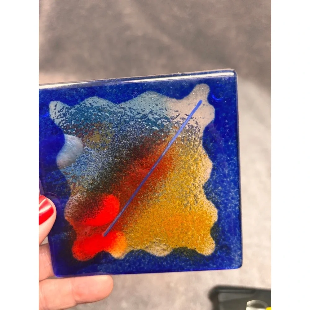 Vintage Studio Art Glass Coasters Set of 5 Blue Abstract Handmade Fused Glass